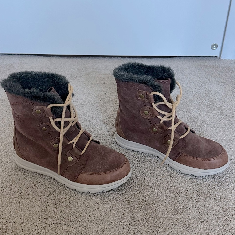 Sorel Women’s Joan Explorer Winter Boots in Garnet Burro (Brown Suede)